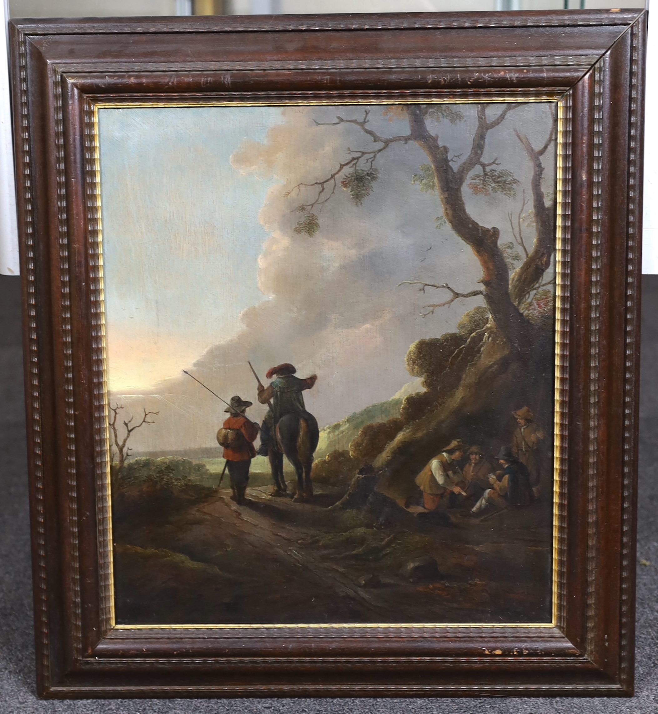 Circle of Jan Wouwerman (Dutch, 1629-1666), Country lane with figures playing cards and two others, one on horseback, oil on panel, 44 x 38cm, Please note this lot attracts an additional import tax of 5% on the hammer pr